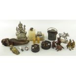 ASSORTED METALWARE & CARVINGS including Art Deco alabaster desk calendar, Chinese brass figure of
