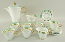 STYLISH SHELLEY ART DECO-STYLE BONE CHINA COFFEE SERVICE, ring handles decorated in gilt and green