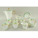 STYLISH SHELLEY ART DECO-STYLE BONE CHINA COFFEE SERVICE, ring handles decorated in gilt and green