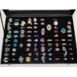 TRAY OF MODERN SILVER SET RINGS WITH SEMI-PRECIOUS STONES, (80 approx.)