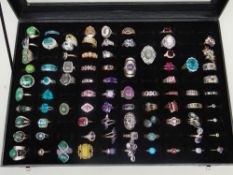 TRAY OF MODERN SILVER SET RINGS WITH SEMI-PRECIOUS STONES, (80 approx.)