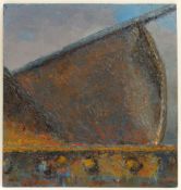 GEOFF YEOMANS oil on board - study of a ship's hull, entitled verso 'Iron Plate', signed and dated