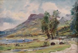 ROBERT FOWLER oil on board - lake and bridge scene with mountain backdrop, signed, 25 x 35cms