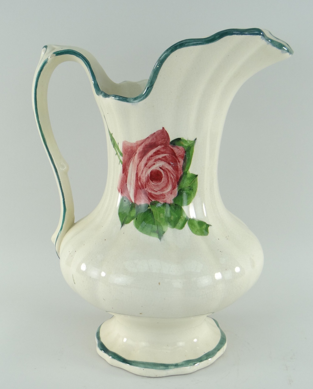 LLANELLY POTTERY TOILET JUG painted with roses, bellied and fluted body over a circular lobed foot - Image 3 of 3