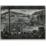 ARTHUR CHARLTON (1917-2007) wood engraving - Swansea football match viewed over the heads of