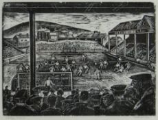 ARTHUR CHARLTON (1917-2007) wood engraving - Swansea football match viewed over the heads of