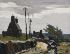 DONALD McINTYRE early oil on board - roadside cottages with two figures on the road and old