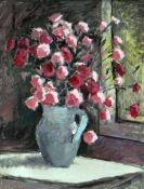 JOHN ELWYN oil on board - pink and red flowers in a jug, signed verso, 55 x 43cms