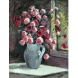 JOHN ELWYN oil on board - pink and red flowers in a jug, signed verso, 55 x 43cms