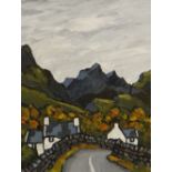 DAVID BARNES oil on board - Welsh landscape, entitled 'Road Through the Hills', signed verso, 39 x