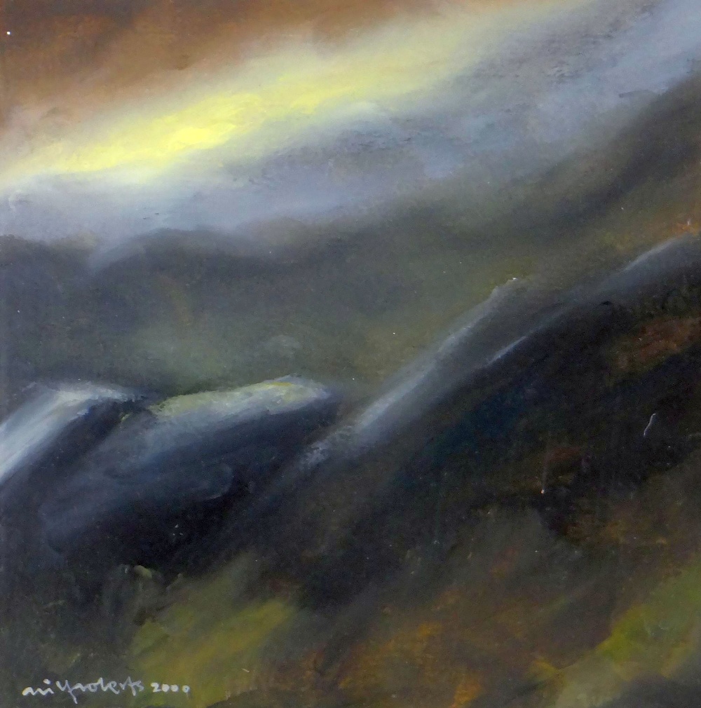 WILF ROBERTS oil on card - Ynys Môn landscape, entitled verso 'Mist Bodafon', signed and dated 2000,