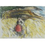 WILL ROBERTS pastel - standing figure being the artist's wife, in a Pembrokeshire cornfield near the