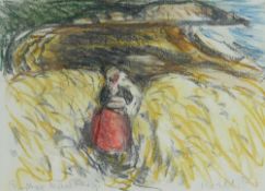 WILL ROBERTS pastel - standing figure being the artist's wife, in a Pembrokeshire cornfield near the