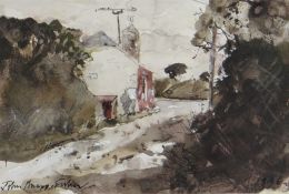 JOHN KNAPP-FISHER mixed media tree-lined lane with house, near the artist's former home in