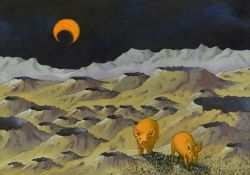 CERI PRICHARD oil on canvas - two pigs in a lunar landscape, entitled verso 'Pigs II', dated 2017,