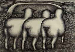 SEREN BELL pen and ink with correction fluid - three sheep looking away into the landscape,