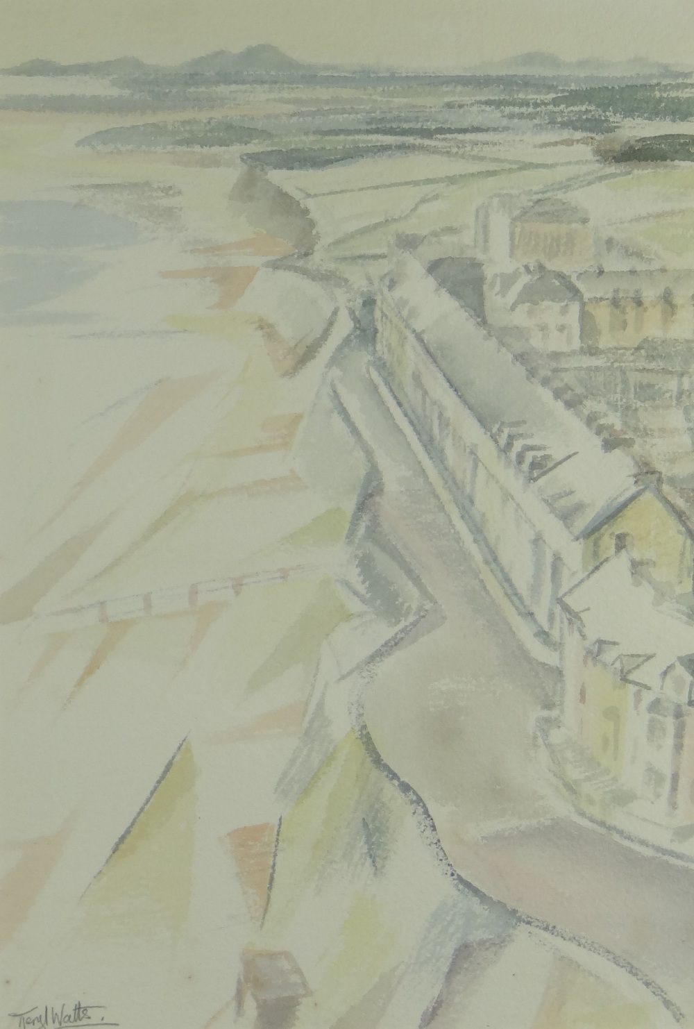 MERYL WATTS watercolour - Aberystwyth promenade from above with distant landscape, signed, 47 x