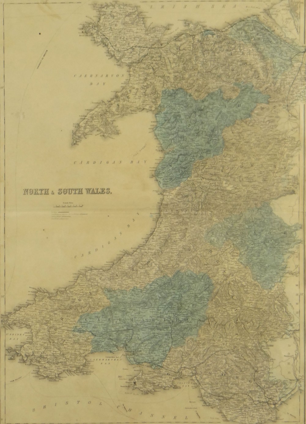 JOHN BARTHOLOMEW coloured touring road and rail map - 'North & South Wales', circa, 1890, 58 x