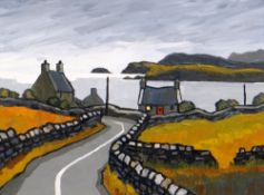 DAVID BARNES oil on board - Gwynedd coastal landscape with houses and road, entitled verso 'On the