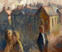 GARETH PARRY oil on canvas - figures in a street with chapel, entitled verso 'Dydi o'n newid dim (He