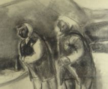 WILL ROBERTS charcoal - two elderly figures in raincoats, one in head scarf, entitled on Attic