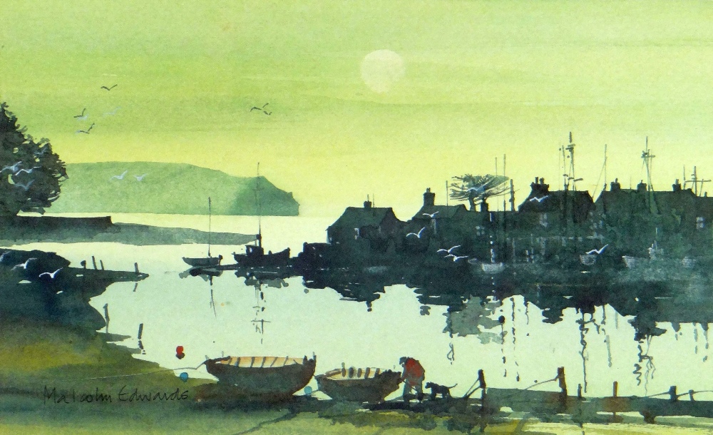 MALCOLM EDWARDS watercolour - harbour scene at Solva with figure walking dog by boats, signed, 15.