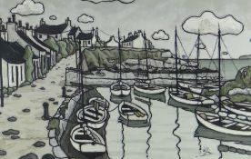 ALAN WILLIAMS acrylic - Ynys Môn harbour with cottages and boats, entitled verso 'Moelfre',