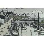 ALAN WILLIAMS acrylic - Ynys Môn harbour with cottages and boats, entitled verso 'Moelfre',