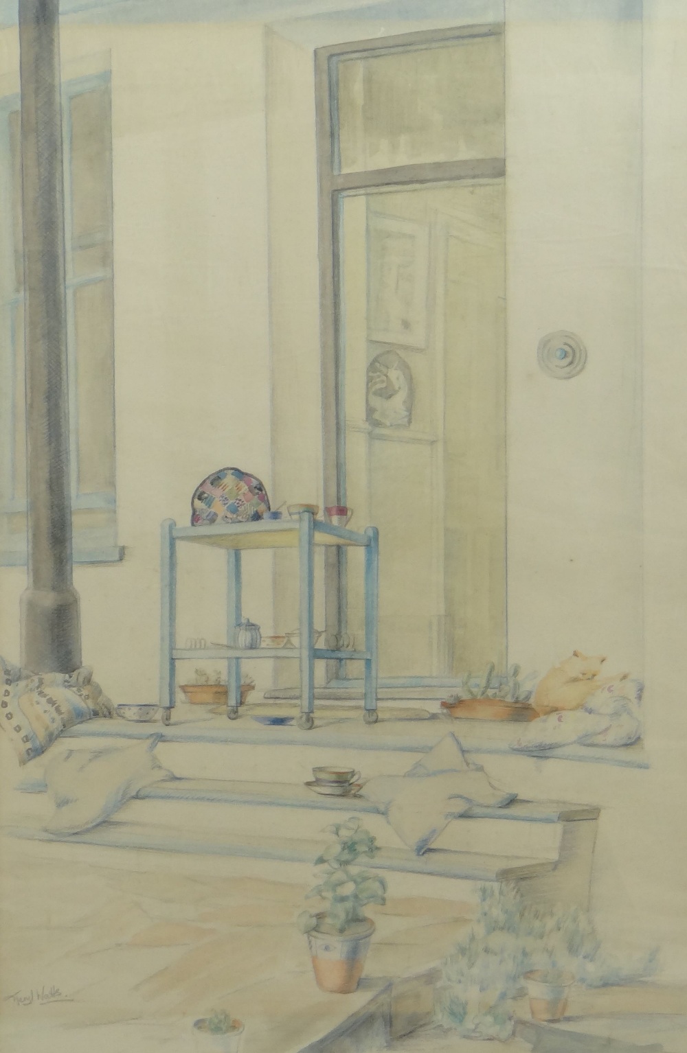 MERYL WATTS watercolour and pencil - household items and cats on the steps to the artist's home in