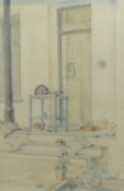 MERYL WATTS watercolour and pencil - household items and cats on the steps to the artist's home in