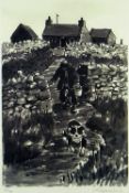 SIR KYFFIN WILLIAMS RA limited edition (34/150) monochrome print - farmer with bucket descending