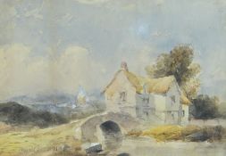 DAVID COX JR watercolour - thatched dwelling and bridge, distant church steeple, signed and dated