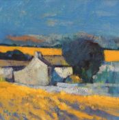 MEIRION JONES acrylic on board - farmstead in landscape, entitled verso 'Fferm yn Sir Benfro' (