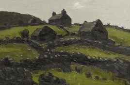 SIR KYFFIN WILLIAMS RA oil on canvas - Eryri landscape with dry-stone walls with farm house and