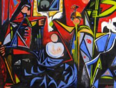 ELVET THOMAS mixed media - figures in costume with birds, entitled verso 'Family Group', signed