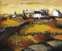 WILF ROBERTS oil on canvas - cottages and dry stone walls, entitled verso 'Mountain Cottages',