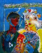 ILONA DAVID oil on canvas - two figures, one with fan and inscribed 'This Way', signed and dated '