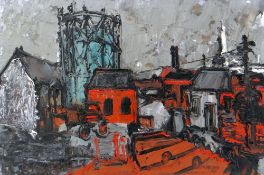 GWILYM PRICHARD oil on board - historic view of Llangefni, Ynys Môn with gas-works, signed with