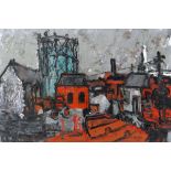 GWILYM PRICHARD oil on board - historic view of Llangefni, Ynys Môn with gas-works, signed with