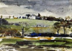 JOHN KNAPP-FISHER watercolour - Suffolk landscape with distant hill-top house, entitled verso 'The