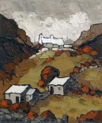 WILF ROBERTS oil on canvas - Snowdonia hillside cottages, entitled verso 'Tan-y-Castell', signed and