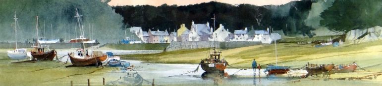 MALCOLM EDWARDS watercolour - figures and fishing boats at low tide at Abersoch, signed, 10.5 x