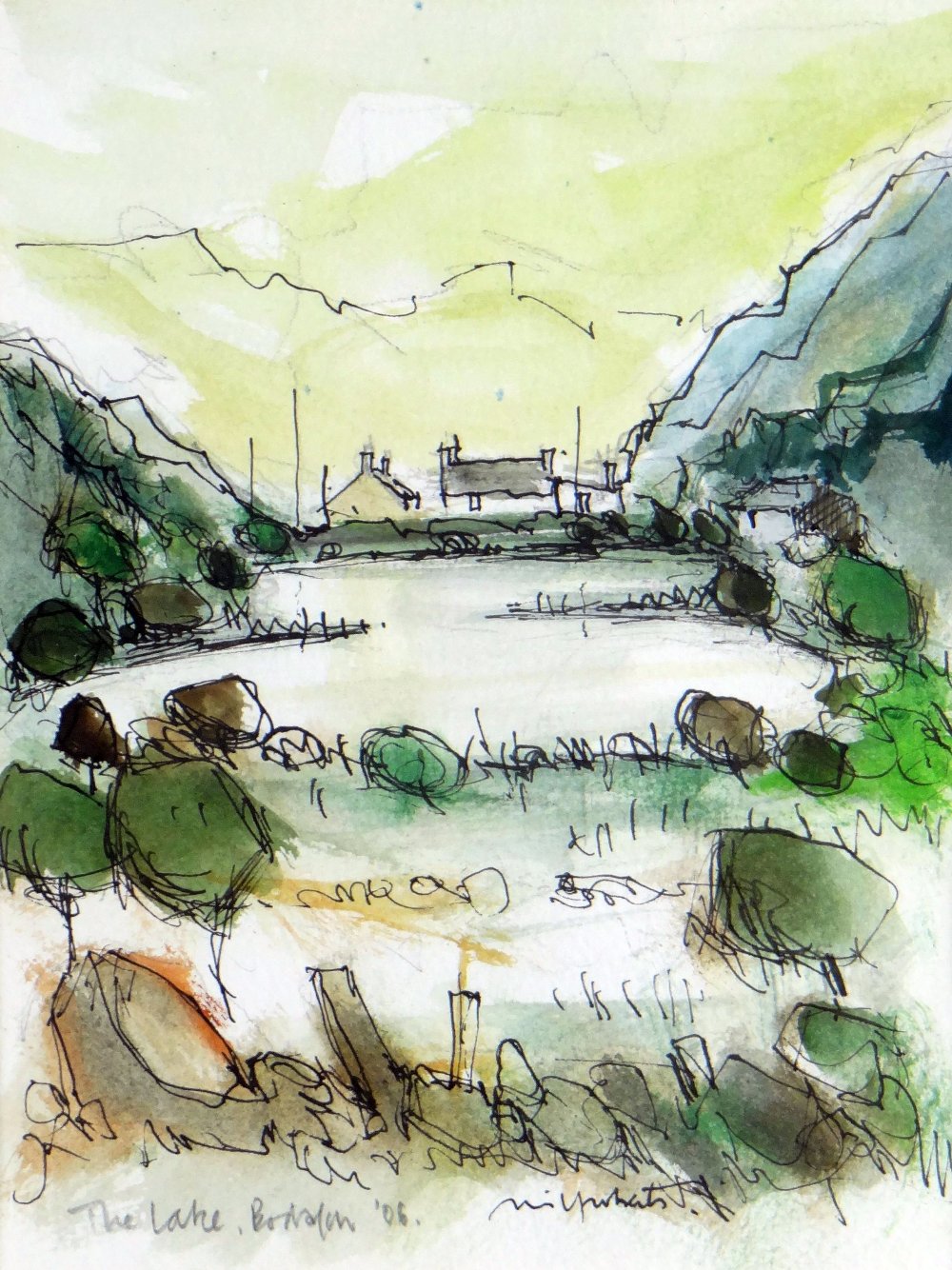 WILF ROBERTS mixed media - Ynys Môn landscape with distant cottage, entitled 'The Lake Bodafon',