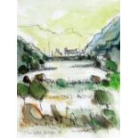 WILF ROBERTS mixed media - Ynys Môn landscape with distant cottage, entitled 'The Lake Bodafon',