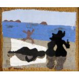 BIM GIARDELLI textile collage on sackcloth - figures on a beach with distant islands, entitled verso