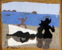 BIM GIARDELLI textile collage on sackcloth - figures on a beach with distant islands, entitled verso