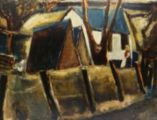 WILL ROBERTS oil on board - building, chicken and figure in garden, entitled to frame 'Farm at