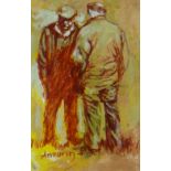 ANEURIN JONES mixed media - two standing countrymen in conversation, signed, 38 x 24cms