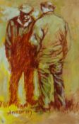 ANEURIN JONES mixed media - two standing countrymen in conversation, signed, 38 x 24cms