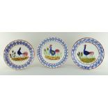 THREE LLANELLY POTTERY COCKEREL PLATES & SIMILAR DISH comprising small plate, 22cms diam, large